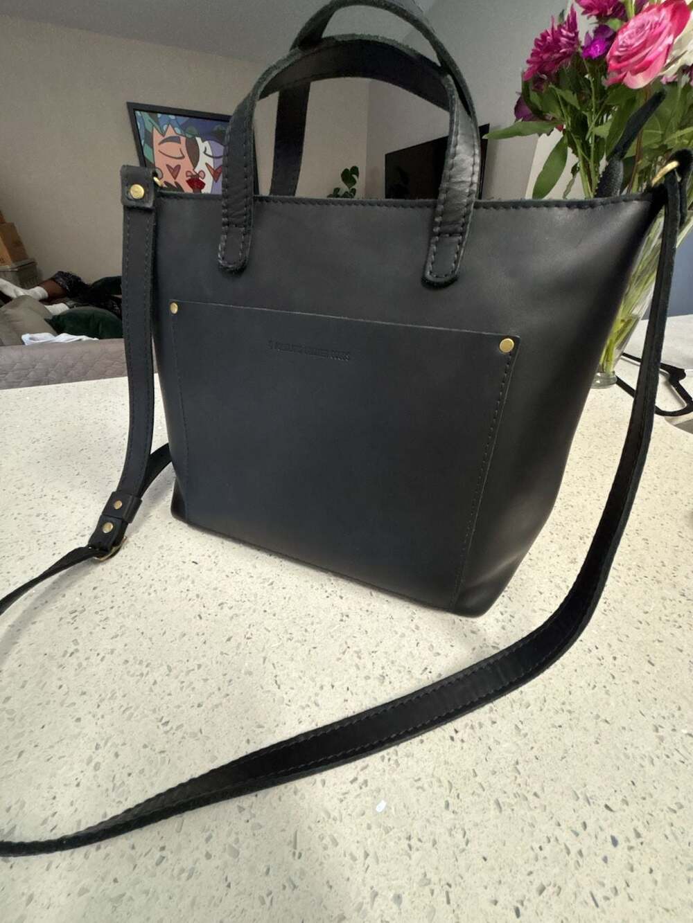 Black Leather Crossbody Tote Bag - Minimalist Everyday Style - Picture 3 of 13